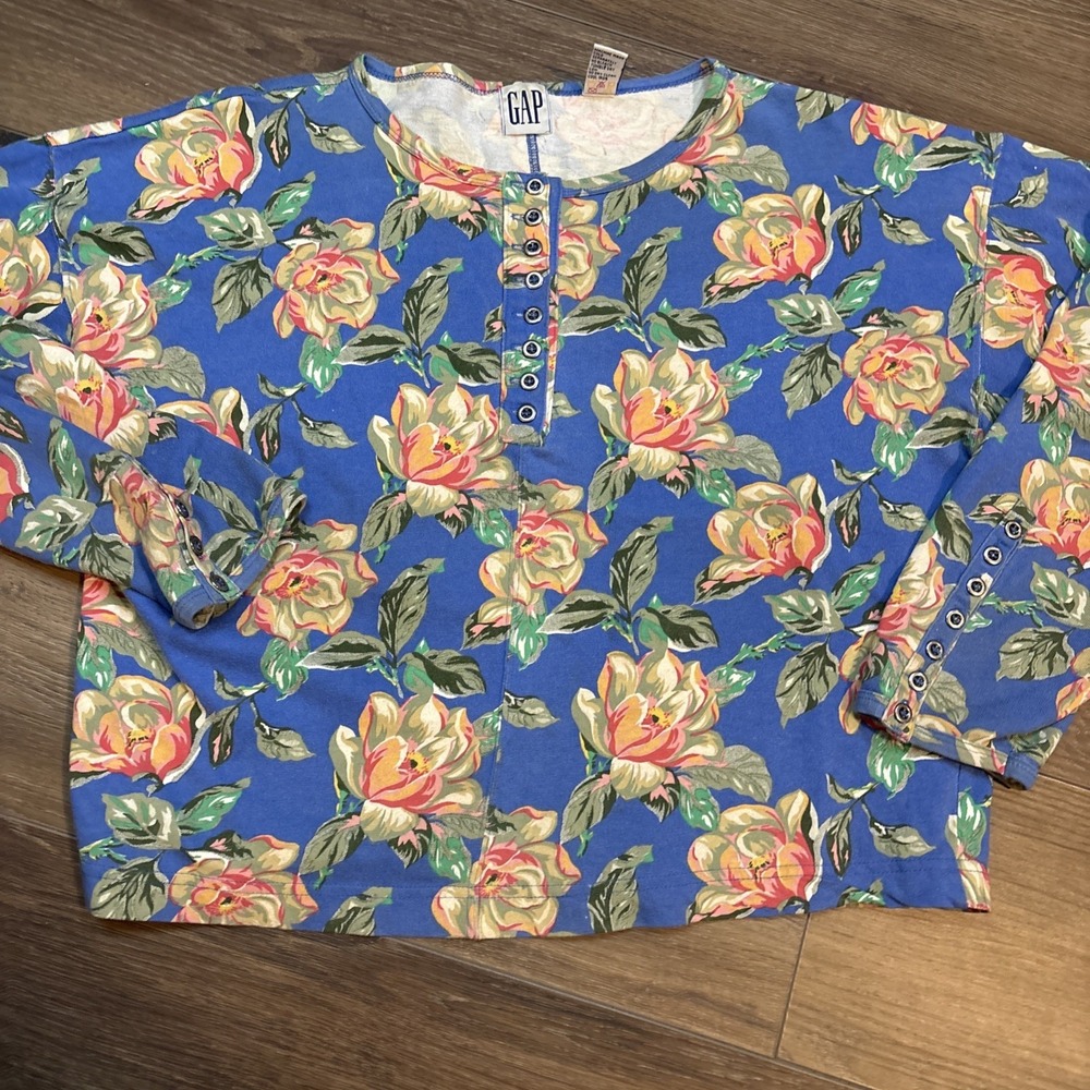 1990's Gap Floral Cropped Dolman Sleeve Cotton Top Medium